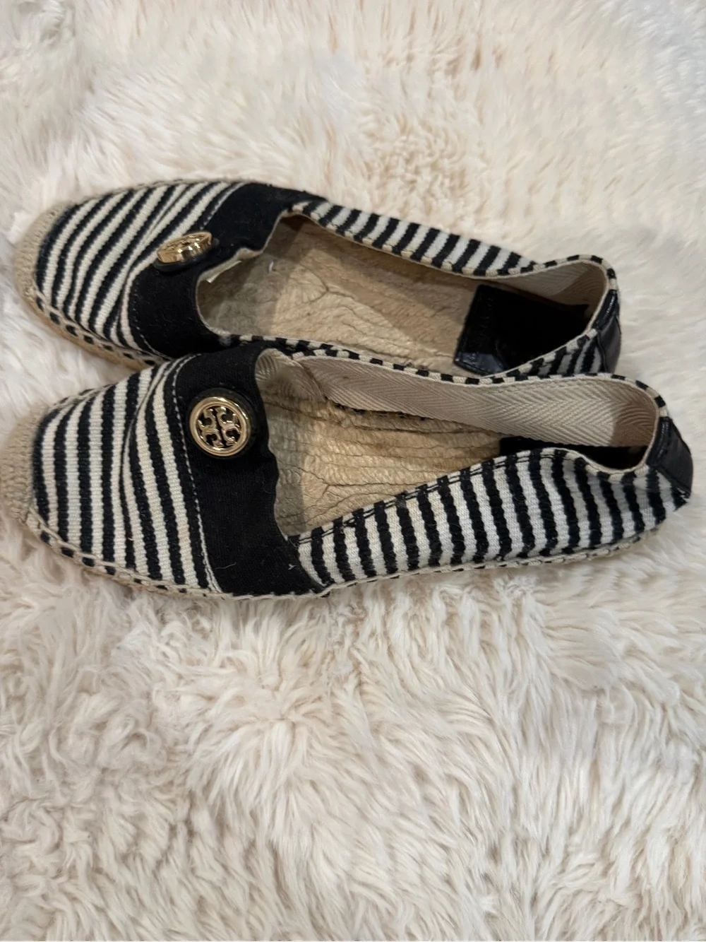 Tory Burch Black & White Striped Espadrille Flats
